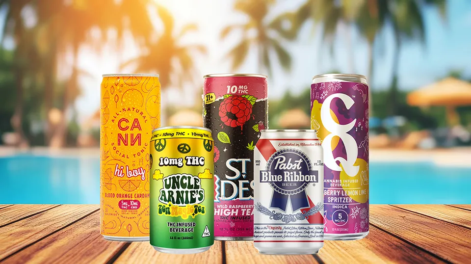 Cannabis Beverage cans on a table